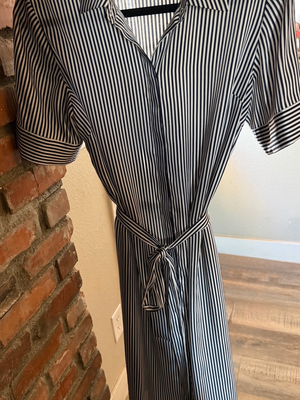 Alex Marie Black and White Vertical Stripe Midi Shirt Dress